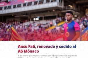 巴萨官方：法蒂续约至2028年并外租至摩纳哥，租期一年